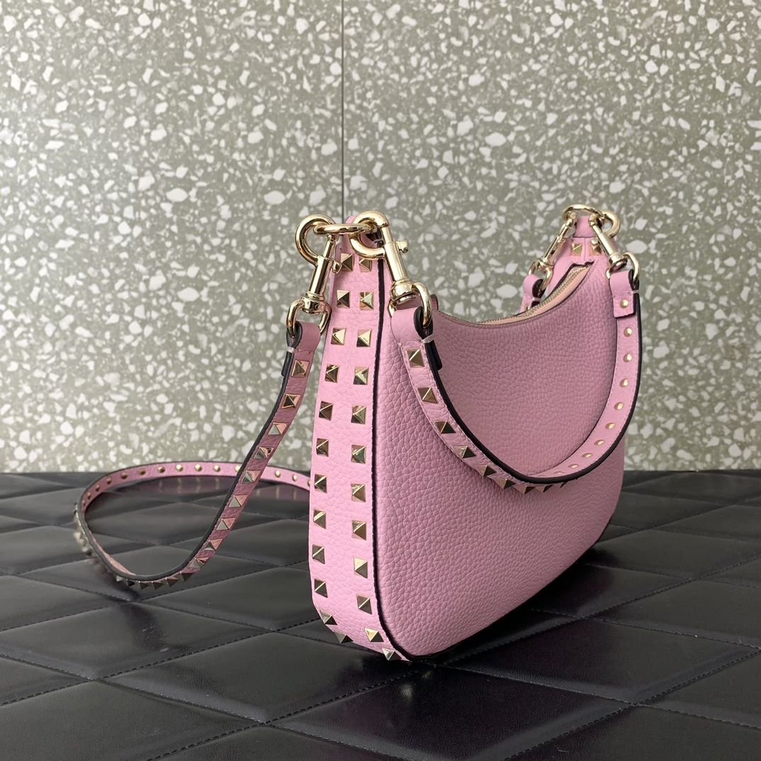 Valentino Garavani Rockstud Small Hobo Bag in Pink Grainy Calfskin